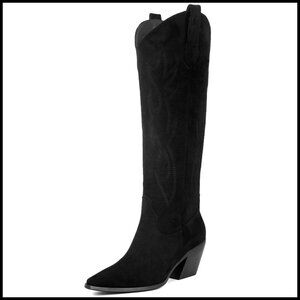 Knee High Cowgirl Boots Pointed Toe Block Heel Suede Faux Leather Embroidered
